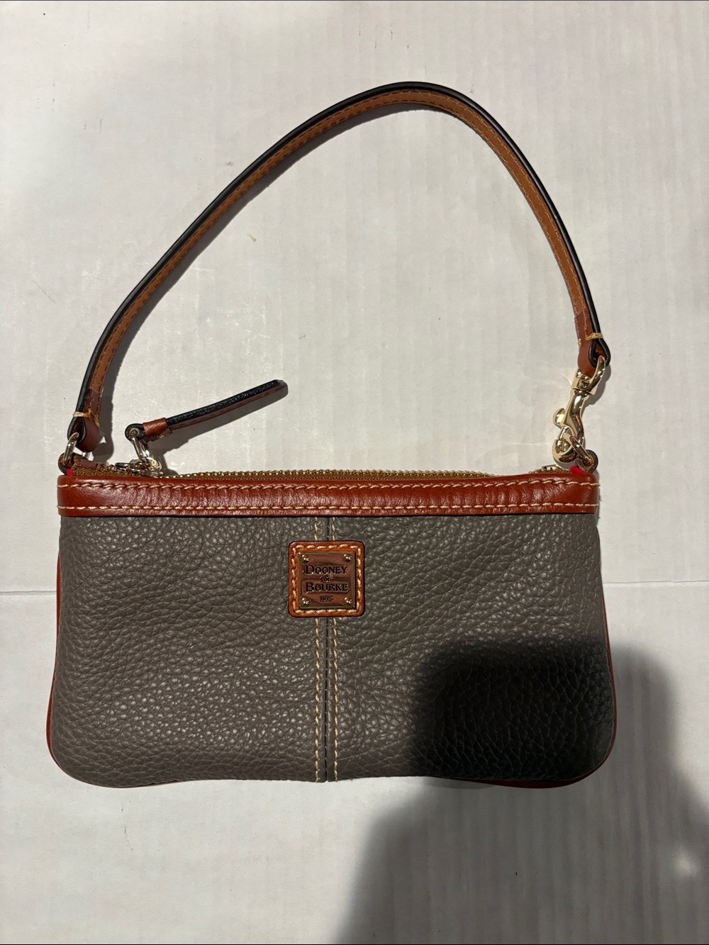 Dooney & Bourke Gray Pebble Leather Wristlet with Brown Trim